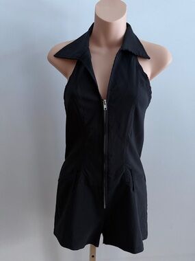 Vintage 90's Black Sleeveless Zip-Front Halter Romper
